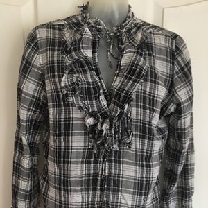 Black and white plaid ruffle collared long sleeve shirt